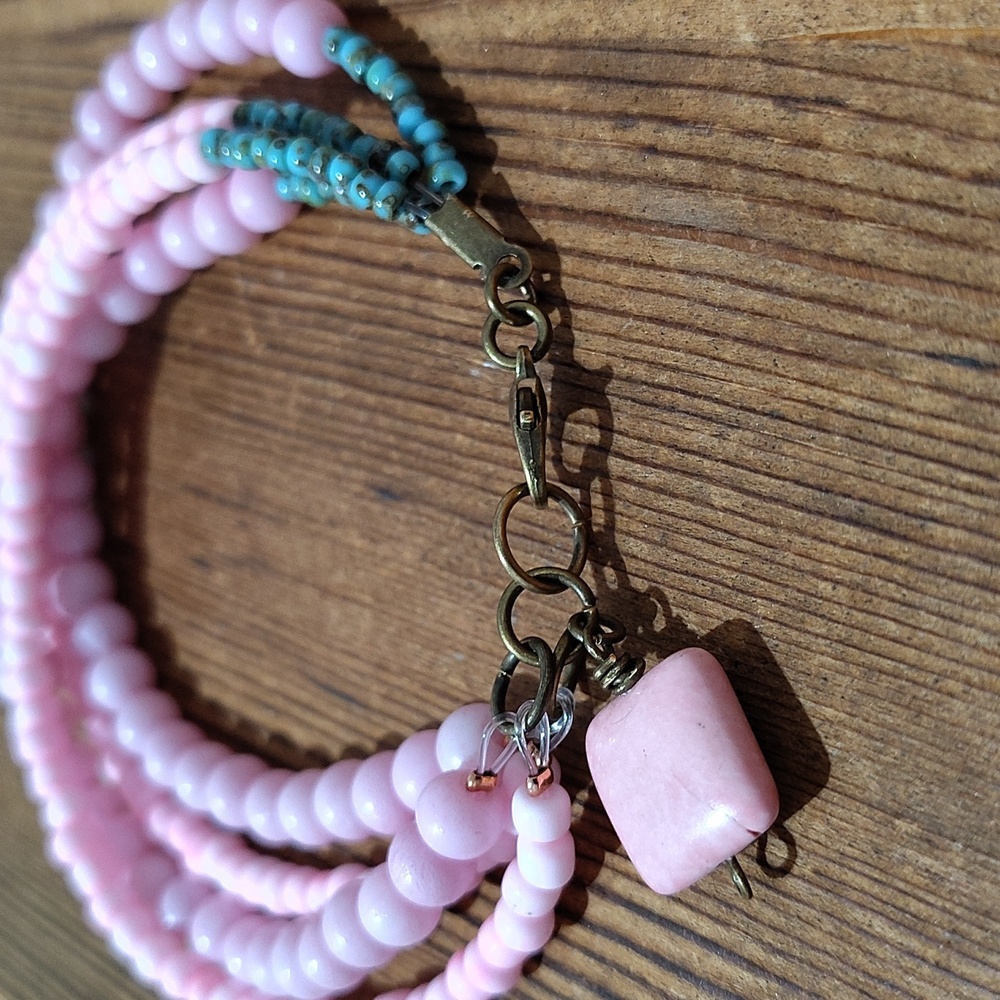 Pink and Turquoise Multi Strand Ladies Beaded Bracelet, Handmade Ladies Bracelet - Picture 3 of 6